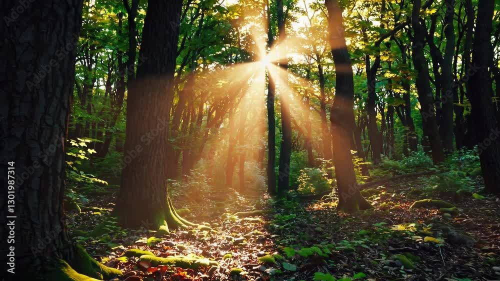 Poster sunbeams filtering through dense forest in morning light, natural serenity concept
