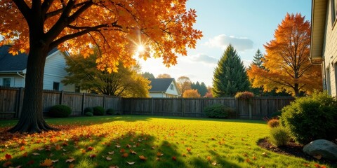 Autumnal Backyard Scene Golden Leaves, Sunlit Grass, and Wooden Fence Surrounding a Peaceful Residential Property