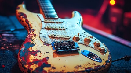 Worn electric guitar on stage, red & blue lights, music concert