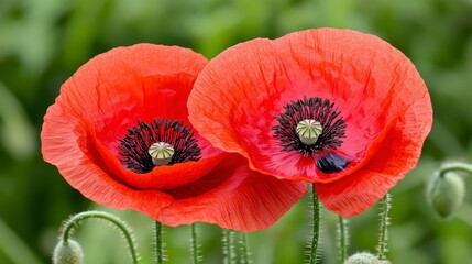 Fototapeta premium Close up of Two Dewy Red Poppies Against a Green Background
