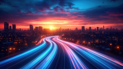 Fototapeta premium City highway traffic light trails at sunset
