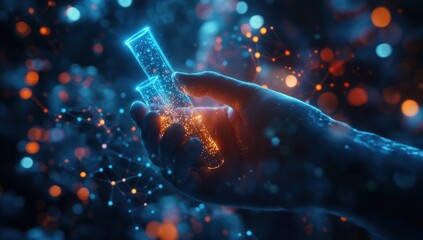 Hand holding glowing test tubes with digital network background.