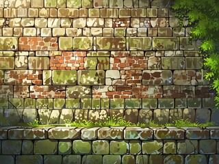 Ancient Stone Wall, Green Vines, Sunlit Bricks: A Digital Painting