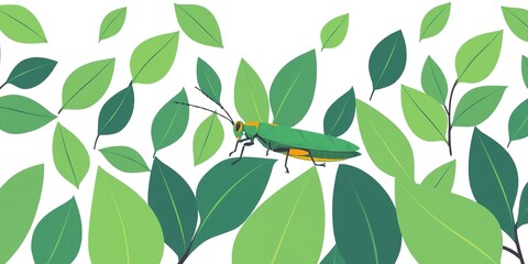 Leafy Background with Stylized Grasshopper