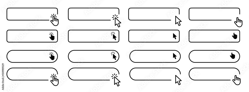 Fototapete Click Here Button with hand or mouse cursor. Click button. Modern action button. Computer mouse cursor or hand pointer symbol. Set for button website design.