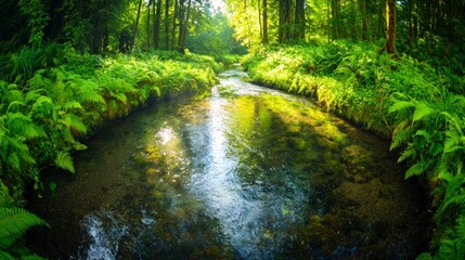 Obraz premium Serene Forest Stream Lush Greenery Sunlight Dappled Water