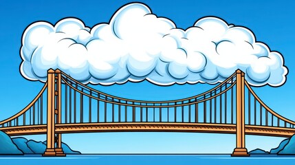 Pixel Art Suspension Bridge Under Fluffy Cloud