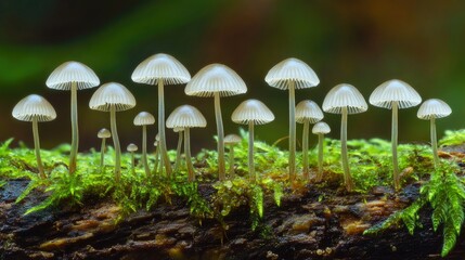 Close-up of tiny, delicate mushrooms growing on an old log, their white caps standing out against the deep green moss.