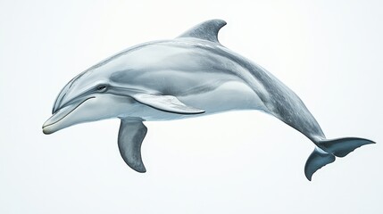 A graceful dolphin leaps gracefully rightward, showcasing its light gray body contrasted by a darker gray tail in mid-air