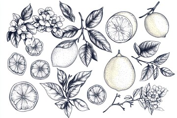 Hand-drawn lemons, leaves, and blossoms illustration.