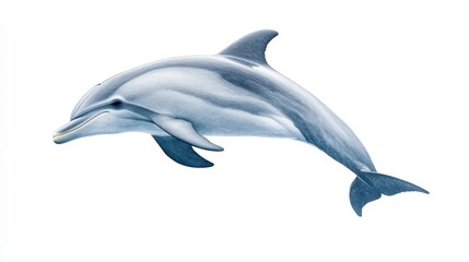 Graceful dolphin leaps skyward, captured in soft, ethereal blues and grays; its body arched gracefully to the right, embodying freedom and elegance