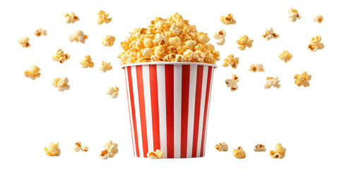Delicious Popcorn Flying Out of a Classic Red and White Striped Cup on Transparent Background
Tasty Buttered Popcorn Popping Out of a Retro Cinema-Style Cup, Isolated on Transparent Background
