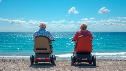 Seniors enjoying a peaceful beach day on mobility scooters, overlooking the serene ocean waves and bright blue sky, promoting independence and leisure lifestyle concept