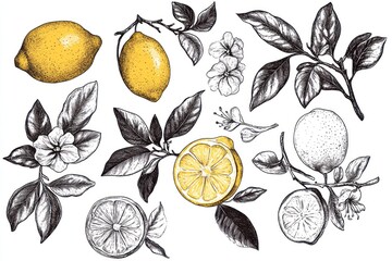 Hand-drawn lemons, leaves, flowers, and slices.