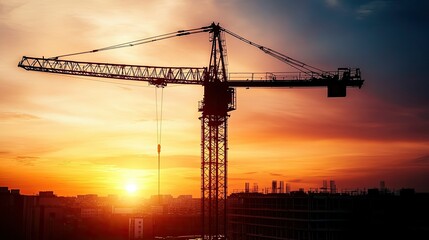 Construction site with a large tower crane, silhouetted against the warm glow of the setting sun.