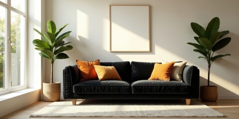 Modern Living Room Interior Design with Black Sofa, Neutral Decor, and Natural Light