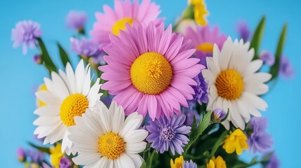 Fototapeta premium Colorful Flower Bouquet Against Light Blue Background