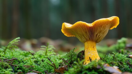 Foraged chanterelle mushroom still growing in its natural habitat, waiting to be picked.