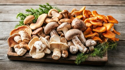 Fototapeta premium Foraged mushrooms laid out on a wooden table, showcasing a variety of edible forest fungi.