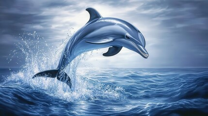 Fototapeta premium A lifelike dolphin leaps from deep azure-blue waves, showcasing its sleek form and elegant curve. Sunlight dances on its vibrant outline against the ocean's serene backdrop