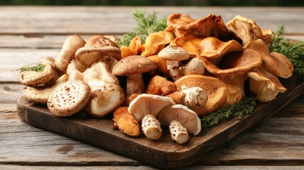 Fototapeta premium Foraged mushrooms laid out on a wooden table, showcasing a variety of edible forest fungi.