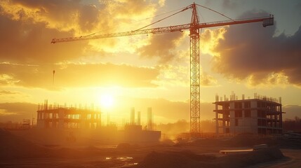 Fototapeta premium Golden sunlight illuminating a construction site, with a towering crane in the distance.