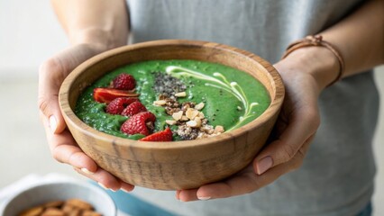 Healthy superfood concept. A person holds a wooden bowl filled with a vibrant green smoothie topped with raspberries, almonds, and a drizzle of cream.
