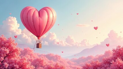 Obraz premium A whimsical journey above a blossoming landscape, a heart-shaped balloon carrying a passenger amidst a sky filled with smaller hearts.