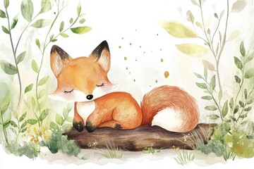 Adorable Sleeping Fox in Watercolor Woodland Scene