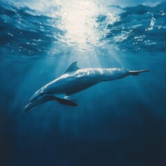Fototapeta premium A majestic blue whale glides through shimmering sapphire waters, its lighter hue gracefully contrasting against the deep azure sea as it arcs to the right, embodying oceanic grandeur