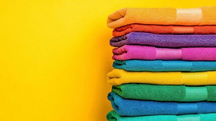 Colorful Towel Stack Against Yellow Background