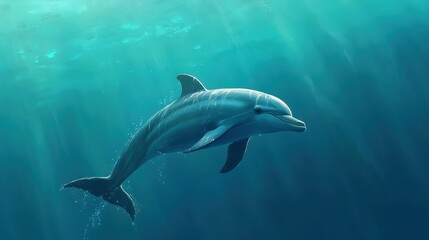 Fototapeta premium A graceful dolphin leaps through vibrant azure waters, turning gracefully to the right with an elegant tilt. Light blues ripple around it in harmony