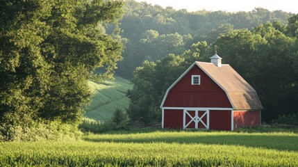 Obraz premium Tranquil Rural Scene: Red Barn in Verdant Field