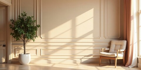 Serene Interior Scene Featuring Sunlight Streaming Through Drapes Illuminating an Elegant Armchair and Potted Plant