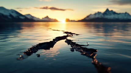 Fototapeta premium Cracked Piece of Earth Sinking into Calm Water at Sunset