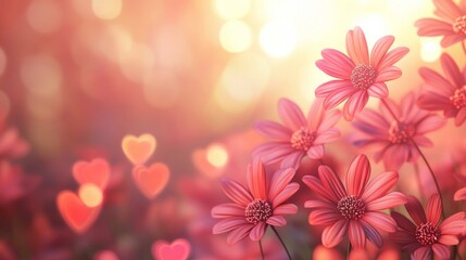 Obraz premium Pink Flowers Bloom in Soft Sunlight With Hearts