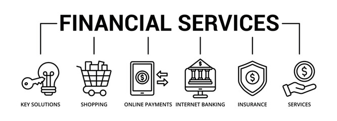 Financial services banner icon with key solutions, shopping, online payments, internet banking, insurance, services