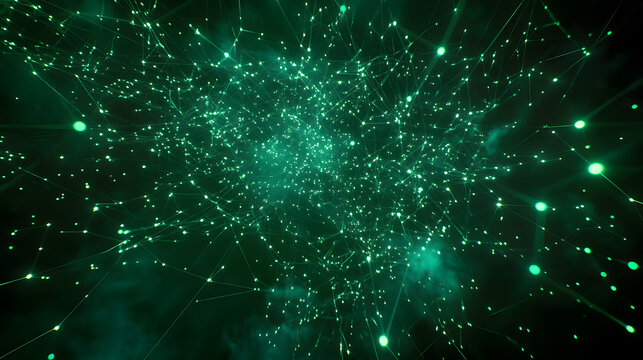 Green glowing particles on a dark background