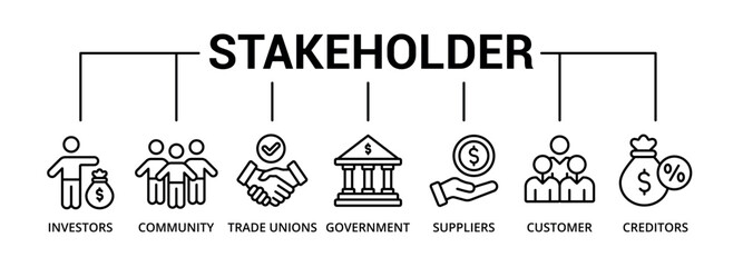 Stakeholder banner icon investors, community, trade unions, government, suppliers, customer, creditors