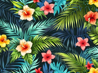 Vibrant Tropical Paradise: A Lush Tapestry of Hibiscus and Palm