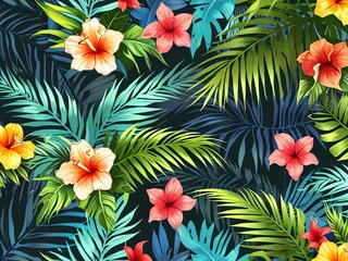 Fototapete Rund Vibrant Tropical Paradise: A Lush Tapestry of Hibiscus and Palm © SetCartoon