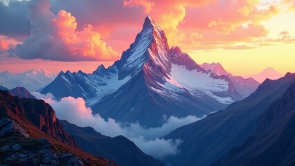Majestic Peak at Sunrise A Breathtaking Panorama of Alpine Majesty with Cloud-Swept Valleys and a Vibrant, Colorful Sky