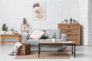 Interior of living room with sofa, table and succulents