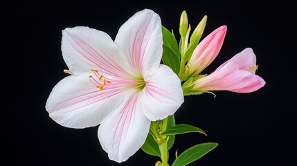 Fototapeta premium Delicate White and Pink Flower with Dew Drops on Black Background