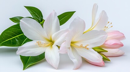 Fototapeta premium Delicate White and Pink Flowers with Dew Drops on White Background