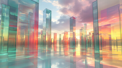 A vibrant, shimmering cityscape in colorful tones of pink, orange, and blue, symbolizing a bright, futuristic future.