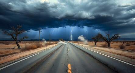 Desert Highway Under a Lightning Storm.