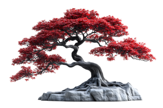 Beautiful Japanese maple bonsai tree with vibrant red leaves, twisted trunk, and detailed roots on a rocky base, isolated on a transparent background, perfect for nature, and artistic compositions