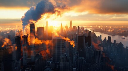 Obraz premium Stunning Obscured City Skyline at Sunset with Dramatic Clouds