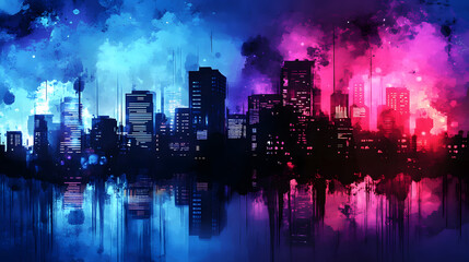Blue and pink futuristic city skyline with reflections